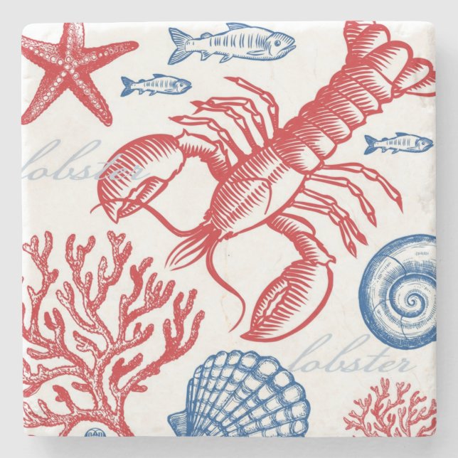 Red Blue Lobster Coral & Muscheln Stone Untersetze Steinuntersetzer (Vorderseite)