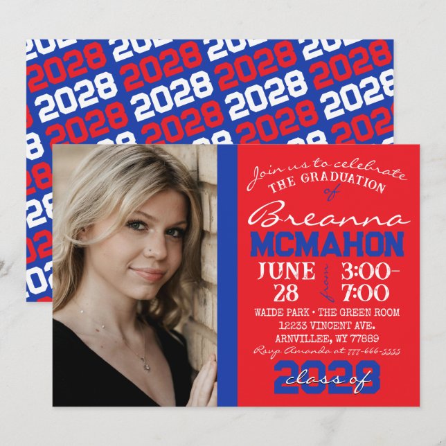 Red & Blue Modern Graduation Photo Invitation (Devant / Derrière)