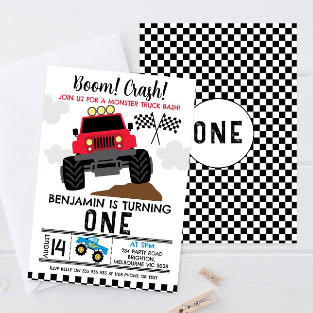 Red Blue Monster Truck 1. Geburtstag Einladung (Monster truck themed first birthday invitation featuring a red monster truck and racing flags.)