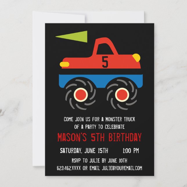 Red Blue Monster Truck Invitations de fête d'anniv (Devant)
