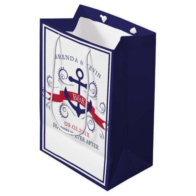 Red & Blue Nautic Anker mit Wirbel Mittlere Geschenktüte (Vorderseite Schrägansicht)
