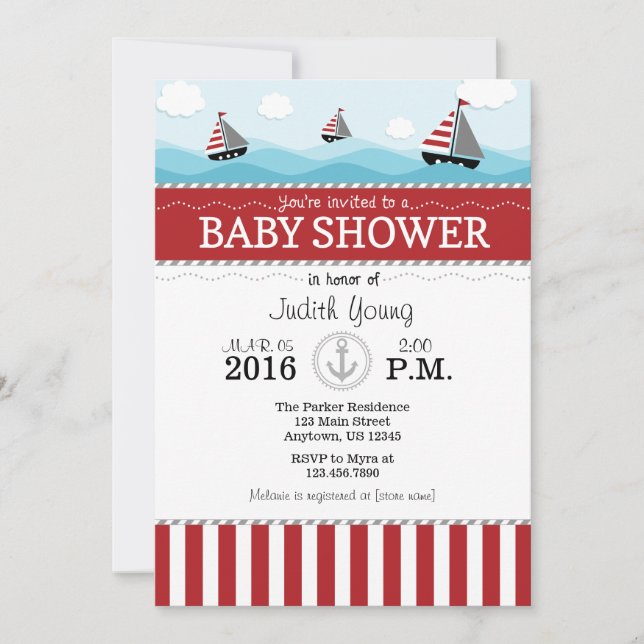 Red Blue Nautical Baby Dusche Einladung (Vorderseite)