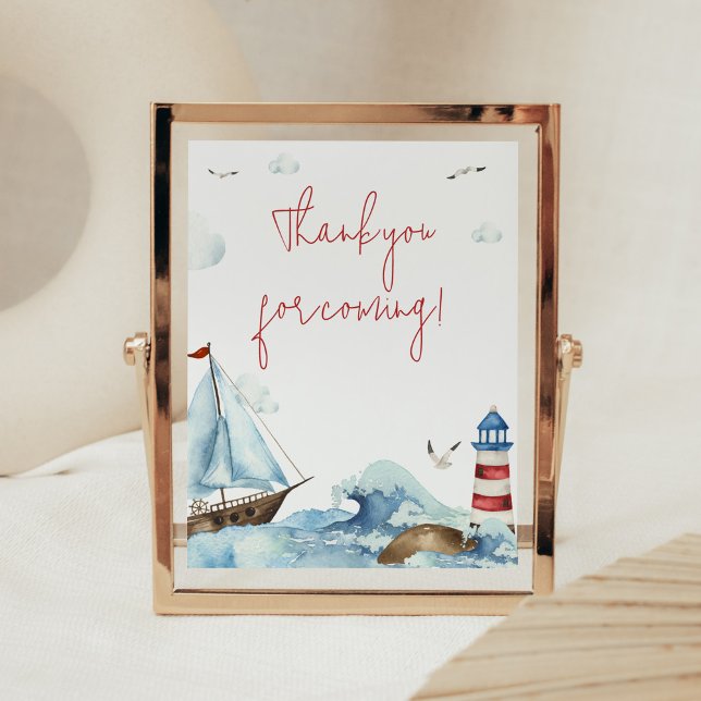 Red Blue Nautical Baby Shower Vielen Dank für Ihr  Poster (Ahoy It’s A Boy Baby Shower Thank you for Coming Sign)
