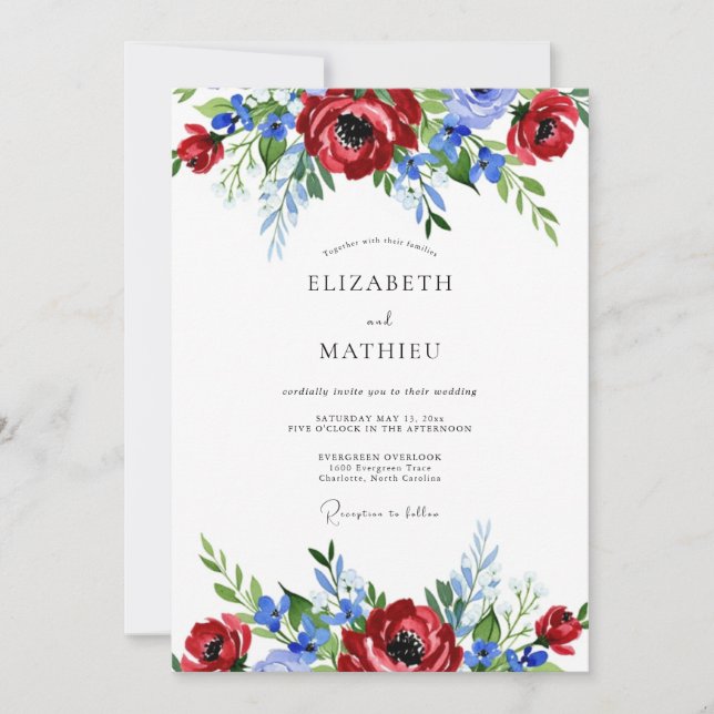 Red Blue Painterly Summer Wedding Einladung (Vorderseite)