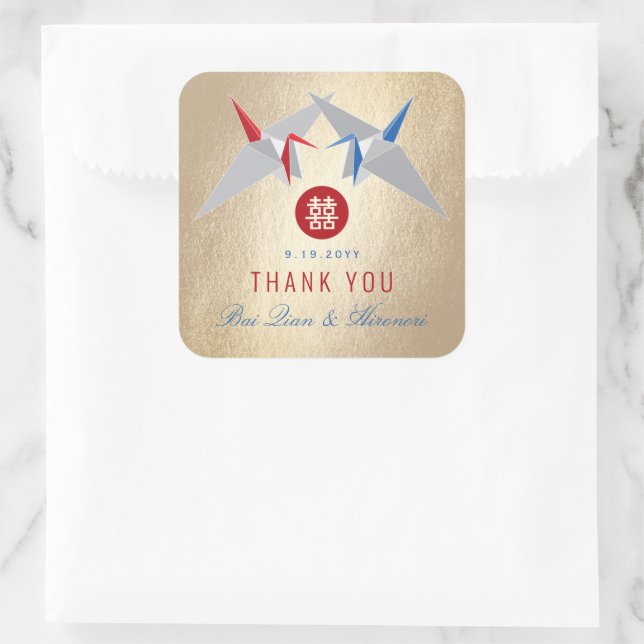 Red & Blue Paper Cranes Doppelfröhlichkeit Hochzei Quadratischer Aufkleber (Tasche)