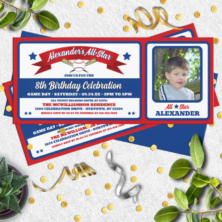 Red & Blue Photo Baseball Game Ticket Birthday Einladung