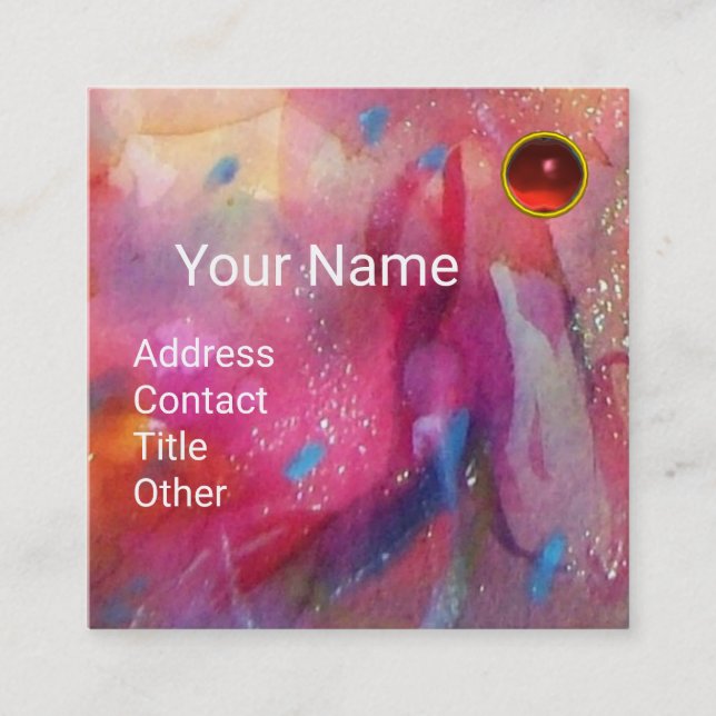 RED BLUE PINK ABSTRAKT WATERCOLOR Ruby Gemstone Quadratische Visitenkarte (Vorderseite)