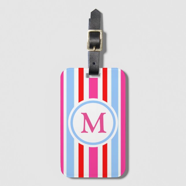 Red Blue Pink Candy Stripes Monogram Gepäckanhänger (Vorderseite Vertikal)