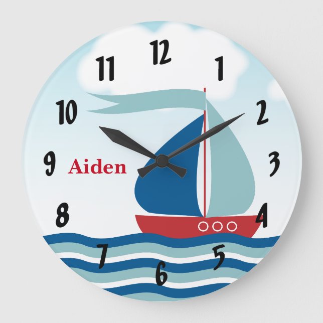 Red & Blue Sailboat auf Water Waves, Personalisier Große Wanduhr (Vorderseite)