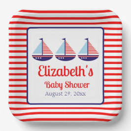 Red Blue Sailboat Babydusche Pappteller