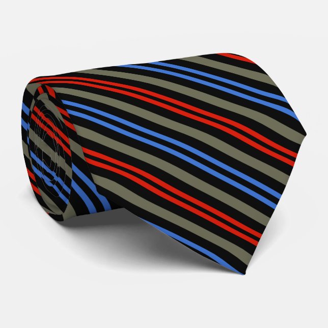 Red Blue Silver Gray Black Stripes Krawatte (Gerollt)