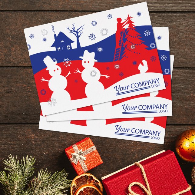 Red Blue Snow Men Village, Logos Weihnachten Folieneinladung (red blue company holiday greeting cards, blue logo red logo client business Christmas cards snowmen)