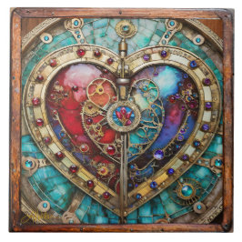 Red & Blue Stached Glass Heart Steampunk Serie Fliese