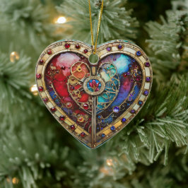 Red & Blue Stached Glass Heart Steampunk Serie Keramik Ornament