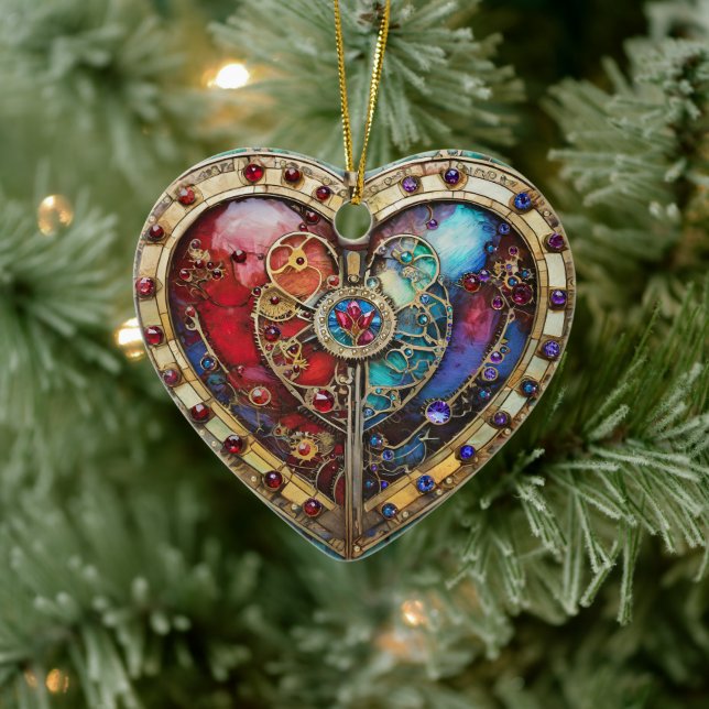 Red & Blue Stached Glass Heart Steampunk Serie Keramik Ornament (Baum)