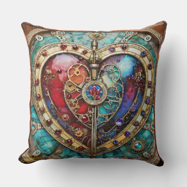 Red & Blue Stached Glass Heart Steampunk Serie Kissen (Vorderseite)