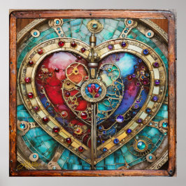 Red & Blue Stached Glass Heart Steampunk Serie Poster