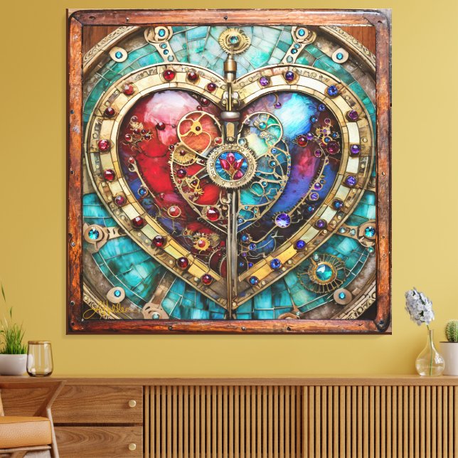Red & Blue Stained Glass Heart Steampunk Series Leinwanddruck (Insitu (Wohnzimmer))