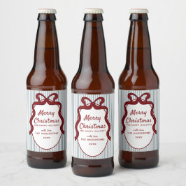 Red Blue Stripes & Bow Frame Christmas Bierflaschenetikett