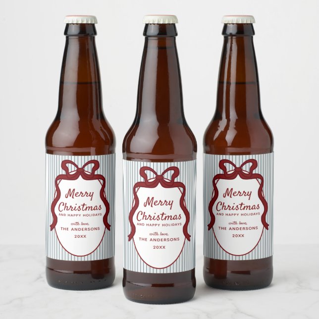 Red Blue Stripes & Bow Frame Christmas  Bierflaschenetikett (Flaschen)