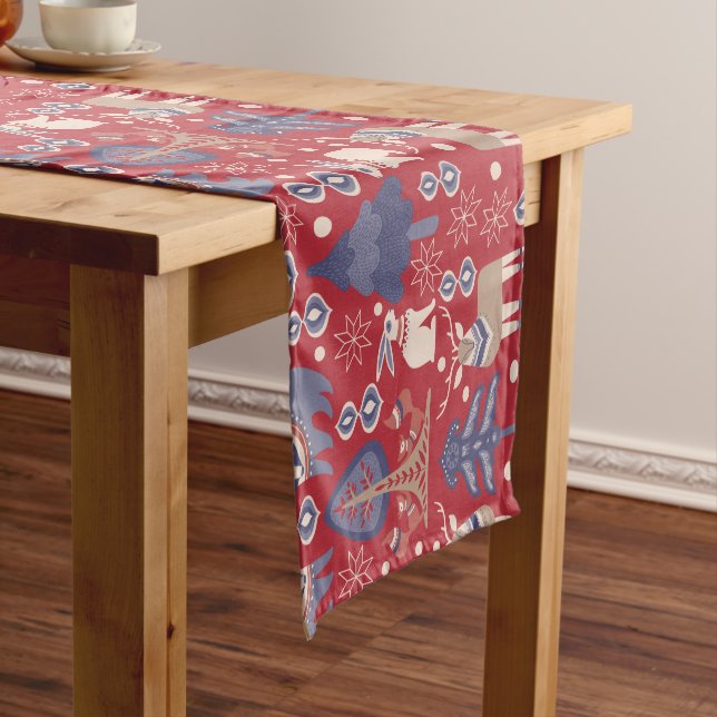 Red Blue Tan skandinavisches Weihnachtsmuster Kurzer Tischläufer (Beispiel)