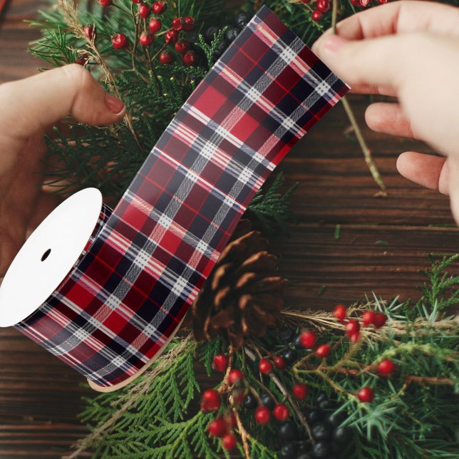 Red Blue Tartan Kariertes Gemustertes Weihnachtsfe Satinband (Tartan check patterned ribbon in red, charcoal and white, for gift wrapping and Christmas crafts)