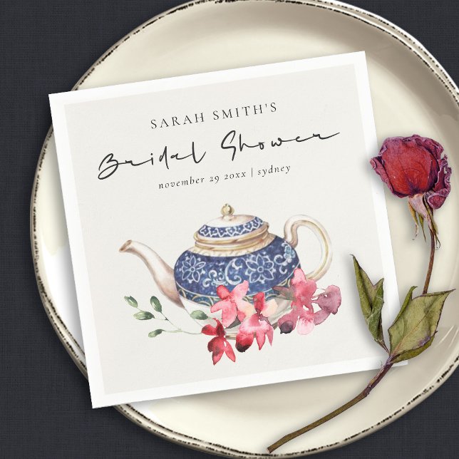 Red Blue Teapot Floral Brautparty Tee Party Serviette (Von Creator hochgeladen)