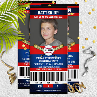 Red|Blue Ticket Style Baseball Geburtstagsparty Einladung