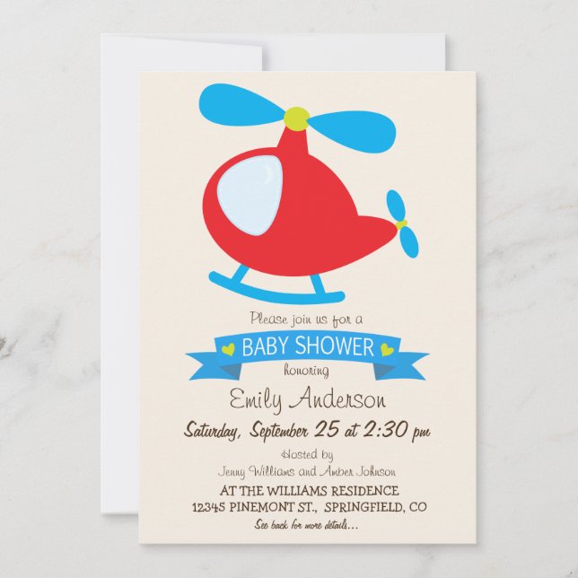 Red & Blue Toy Helicopter Baby Dusche Einladung (Vorderseite)