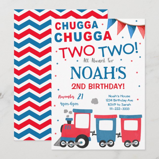 Red Blue Train 2. Geburtstag Einladung (Vorne/Hinten)