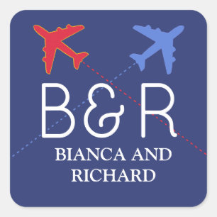 red blue travel airplanes with names, monogrammed quadratischer aufkleber