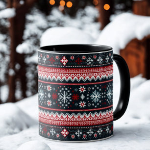 Red Blue Ugly Sweater Snowflakes Holiday Tasse
