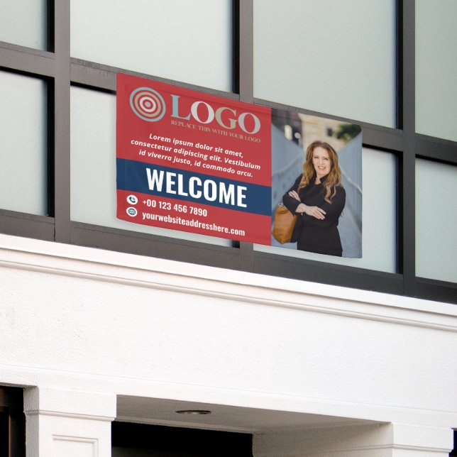 Red Blue Welcome Small Business Foto Logo Promotio Banner (Äußeres Gebäude)