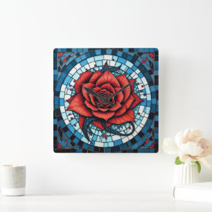 Red Blue White Mosaik Rose Blume Quadratische Wanduhr