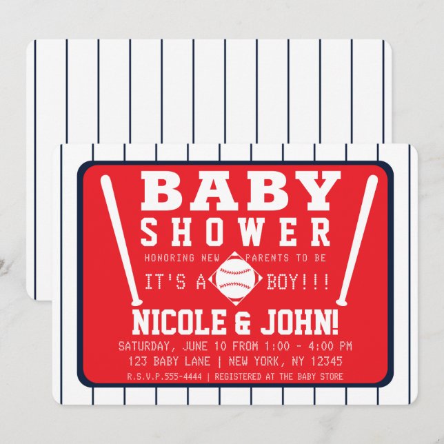 Red Blue & White Pinstripes Baseball Baby Dusche Einladung (Vorne/Hinten)
