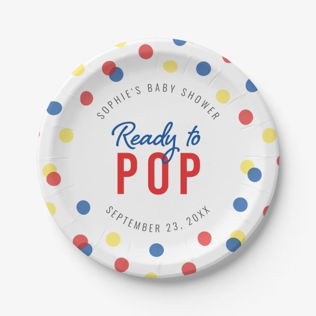 Red Blue Yellow Confetti Bereit zum Pop Babydusche Pappteller (Vorderseite)
