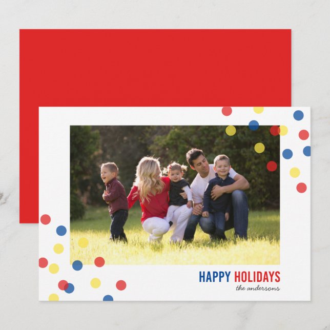 Red Blue Yellow Confetti Foto Happy Holidays Card Einladung (Vorne/Hinten)