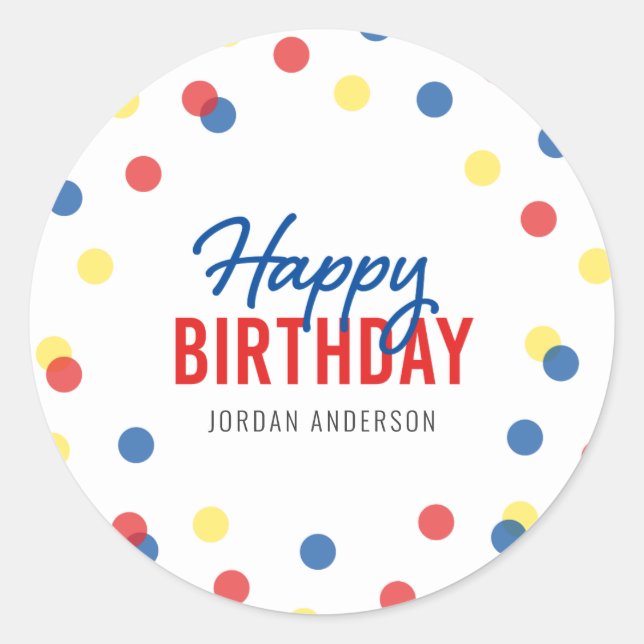 Red Blue Yellow Confetti Happy Birthday Runder Aufkleber (Vorderseite)