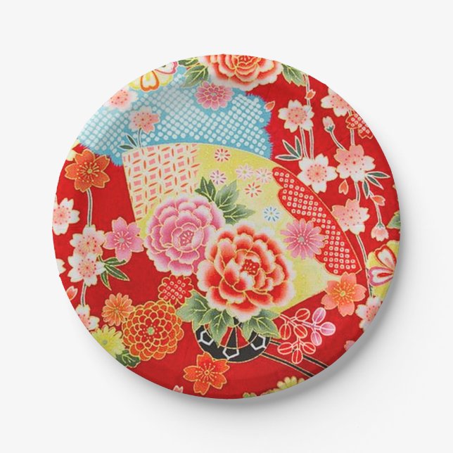 Red Blue Yellow Japanisch Kimono Blume Pappteller (Vorderseite)