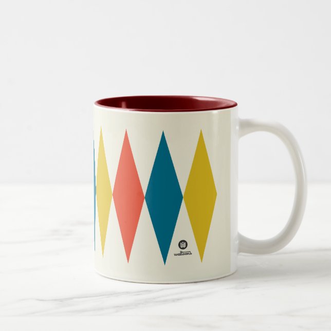 Red Blue Yellow Retro Diamond Muster Zweifarbige Tasse (Rechts)
