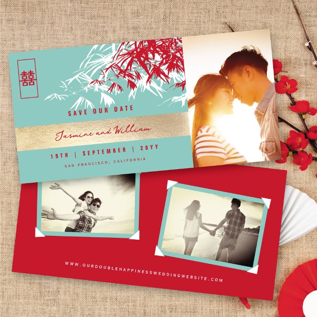 Red Blue Zen Bamboo Verlasse Foto Chinesisch Hochz Save The Date (Red Blue Zen Bamboo Leaves Photo Chinese Wedding Save The Date @ fatfatin_red_knot)