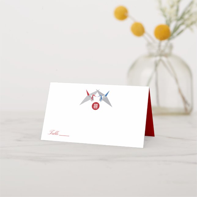 Red & Blue Zen Origami Paper Cranes Asia Wedding Platzkarte (Vorderseite)