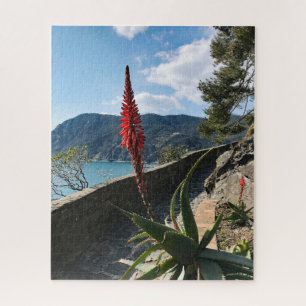 Red Blume Blue Sea Rocky Cliffs Puzzle