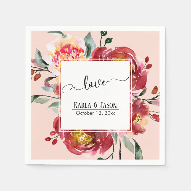 Red Blume Bouquet Liebe Typografie über Blush Serviette (Vorderseite)