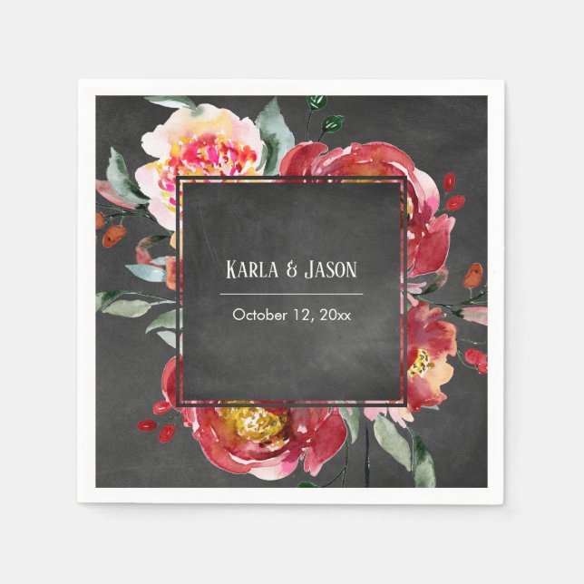 Red Blume Bouquet White Names, Datum auf Chalkboar Serviette (Vorderseite)