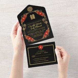 Red Blume Gold Trim Chinese Hochzeit All In One Einladung