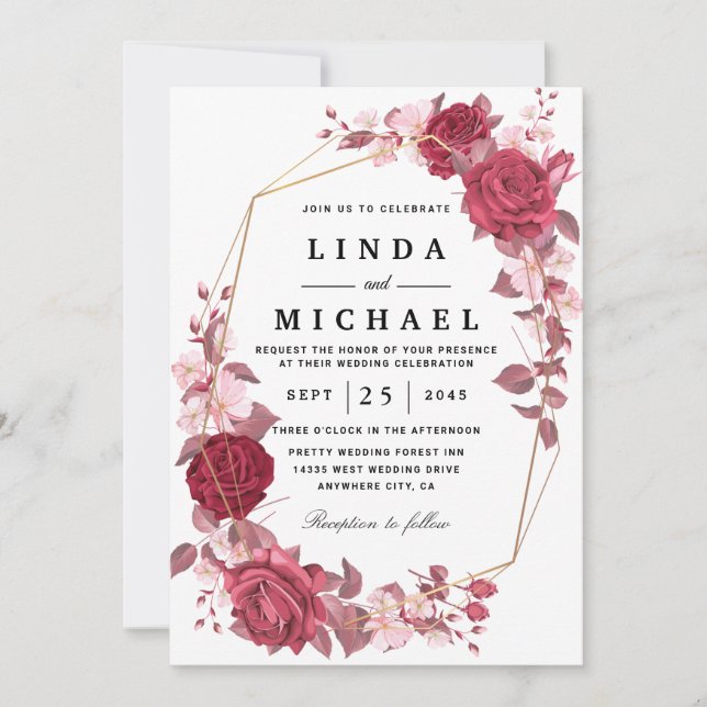 Red Blush and Gold Geometric Greenerity Wedding In Einladung (Vorderseite)