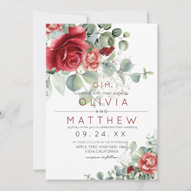 Red Blush Burgundy Greenery  Elegant Wedding Einladung (Vorderseite)