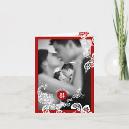 Red Boho Floral Peacock Double Xi Chinesische Hoch Dankeskarte