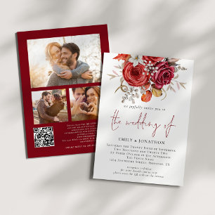 Red Boho Florals 3 Fotos QR Code Wedding Einladung